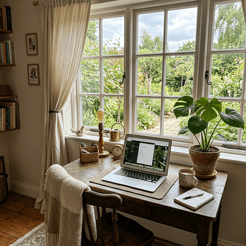 Wooden desk with laptop, plant, notebook, and coffee mug by window showing green garden outside